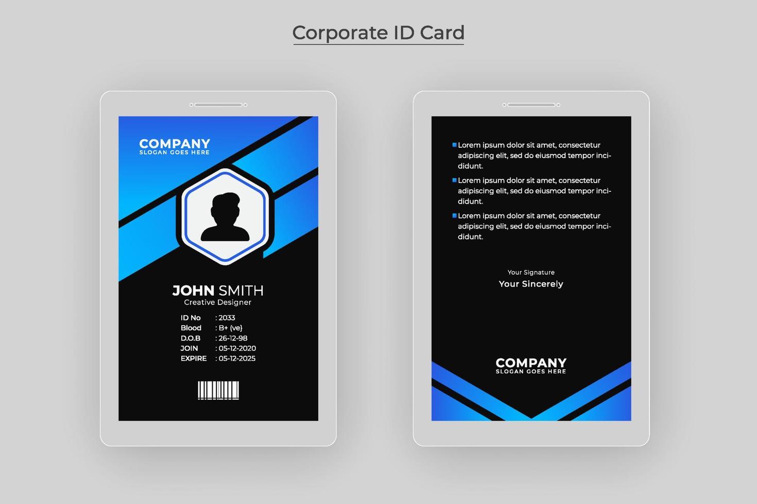 diseño de tarjeta de identificación de personal de oficina moderno y creativo para descarga profesional de empleados vector