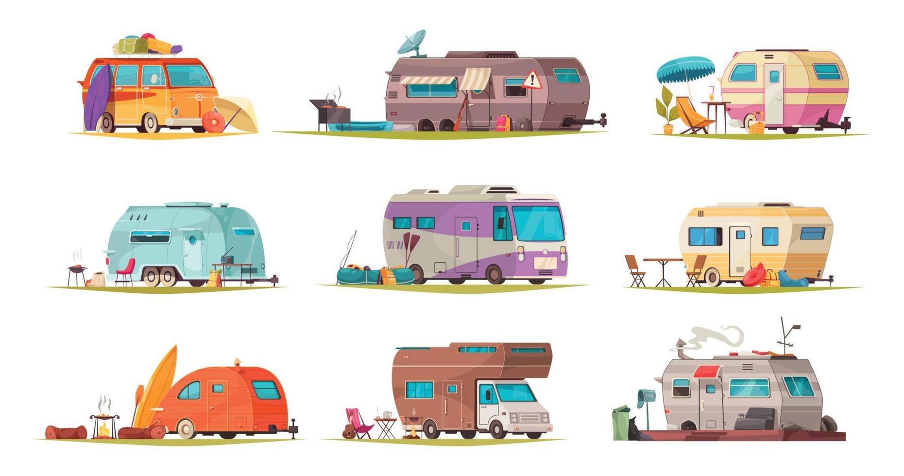 conjunto de dibujos animados de vehículos recreativos vector