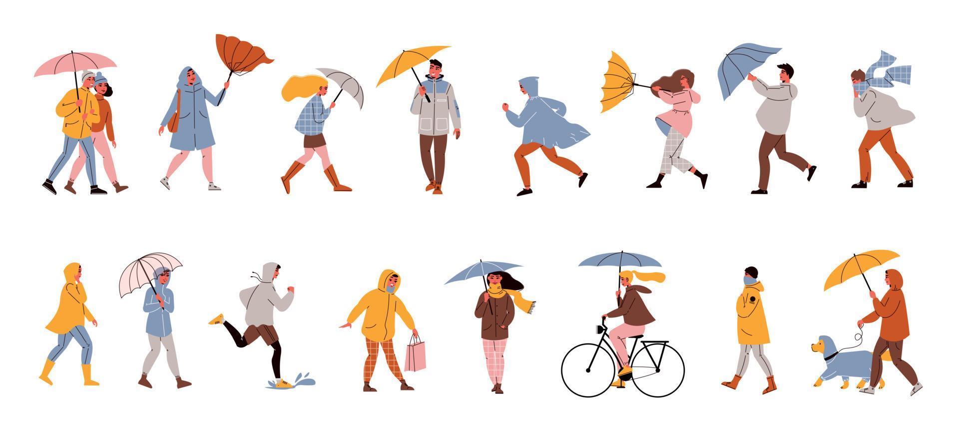 People Under Rain Set vector