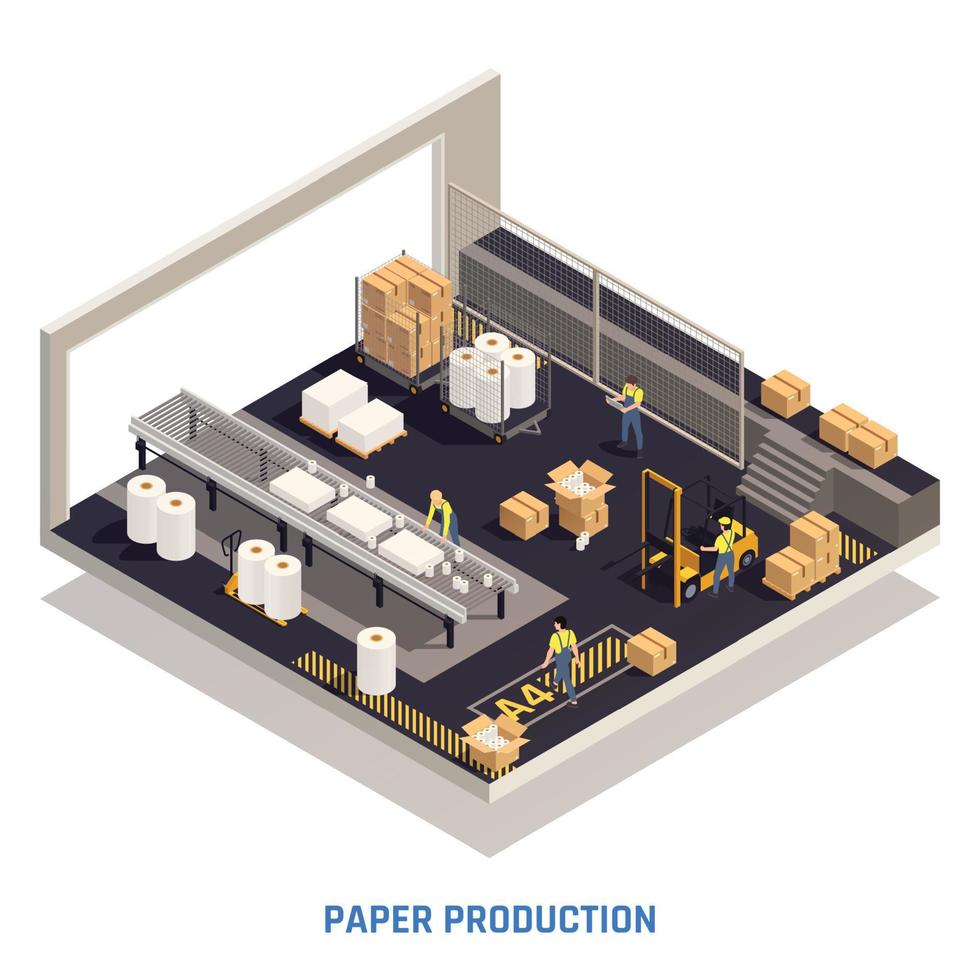 concepto aislado isométrico de producción de papel vector