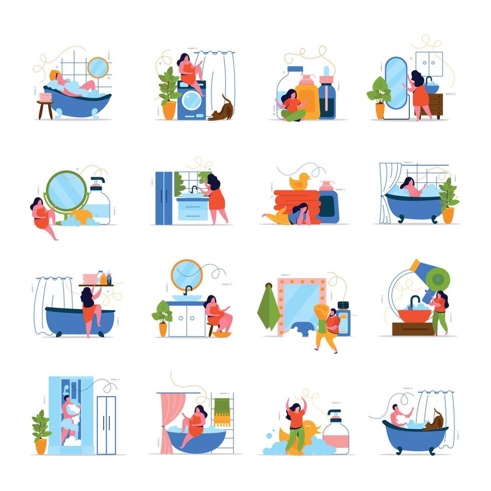 tiempo de baño 4x4 iconos planos vector