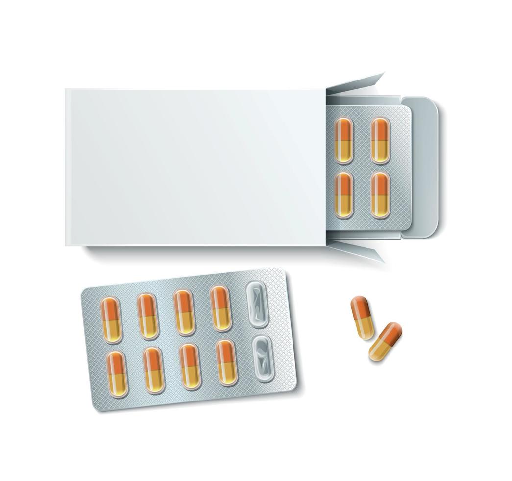 pastillas tabletas cápsulas blister composición realista vector