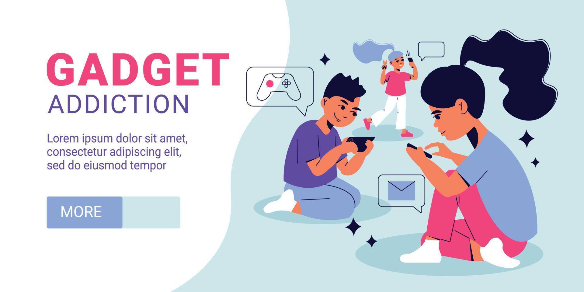 Children Gadget Addiction Horizontal Banner vector