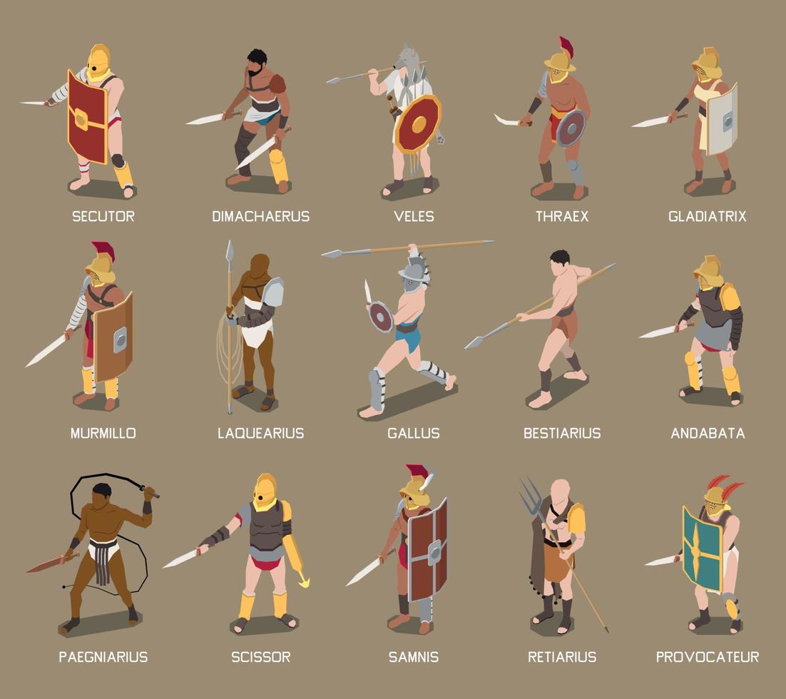 Roman Gladiators Isometric Set vector