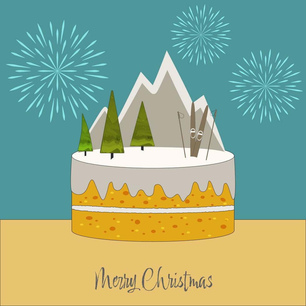 christmas cake with christmas tree mountain skiing on blue background vector