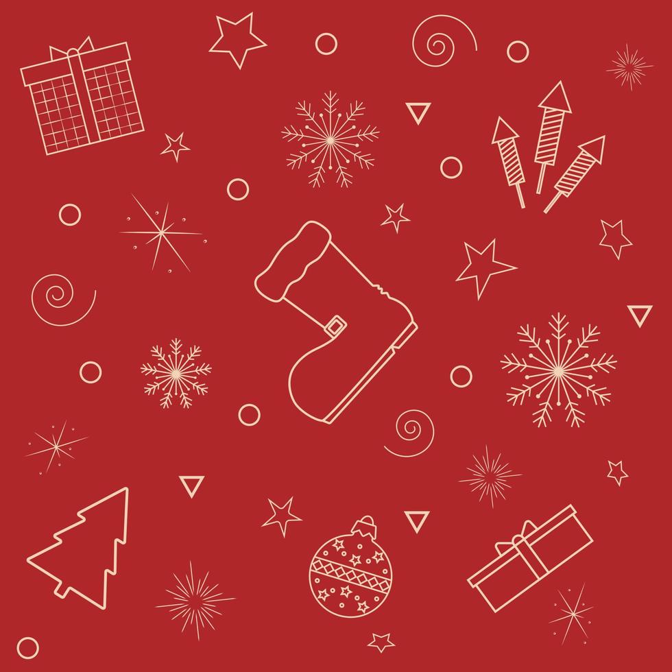 patrón sin costuras sobre un fondo rojo beige iconos de navidad y copos de nieve vector