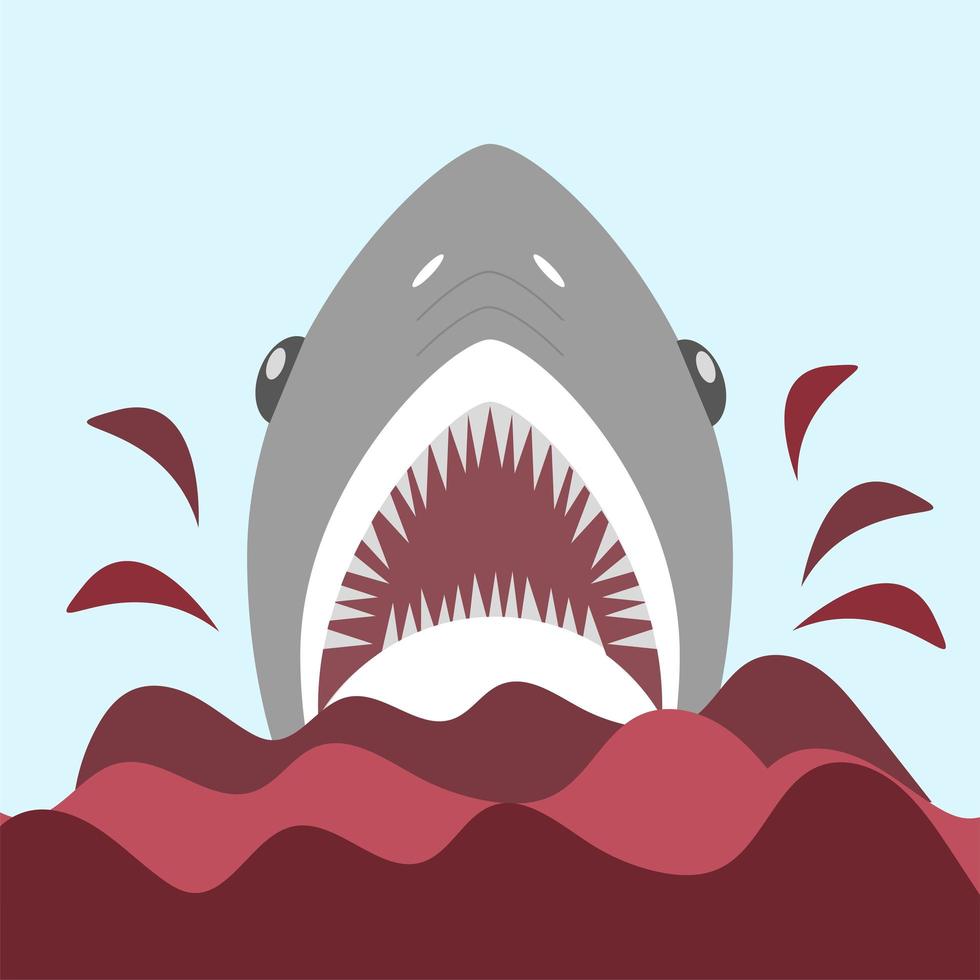 Bloody shark with open mouth. On the red waves - Vector in flat cartoon style