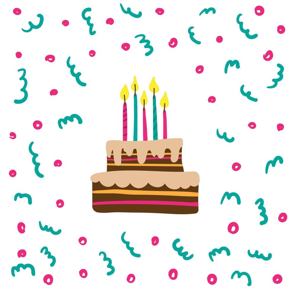 Illustration with birthday cake on white background with confetti and streamers. Multi-colored tiered cake with candles. Holiday card for birthday. vector