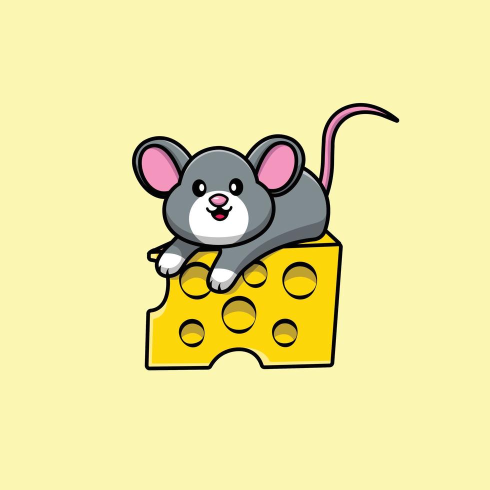 Cute Mouse On Cheese Cartoon Vector Icon Illustration
