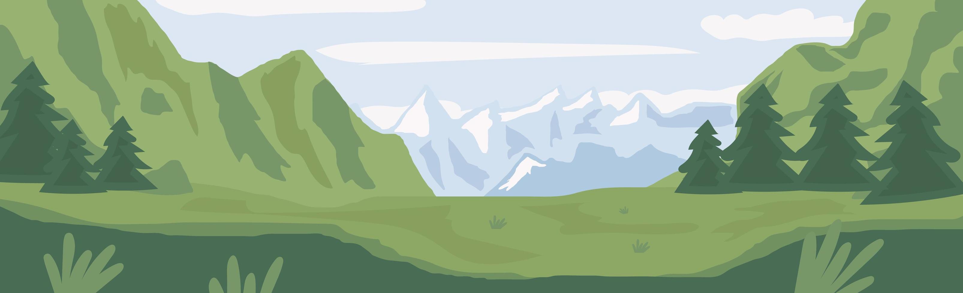 Panoramic realistic bright mountain forest landscape - Vector