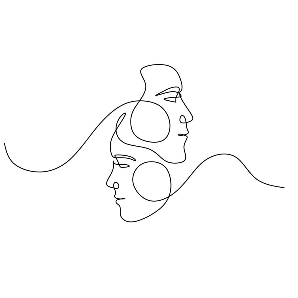 One Line Art Couple, Line Art Men and woman, Minimal Face Vector.  Couple print, Kiss print, Valentines Day Illustration. Love poster. 2 faces. We are one line. vector