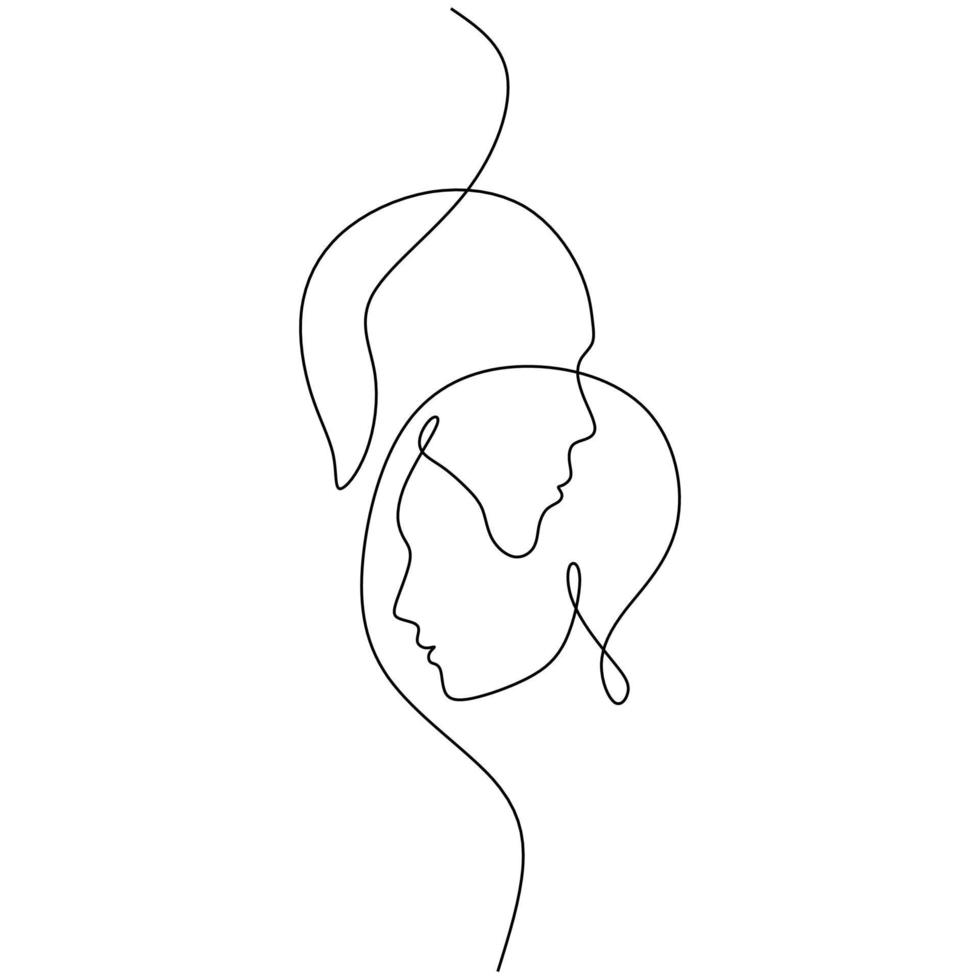 One Line Art Couple, Line Art Men and woman, Minimal Face Vector.  Couple print, Kiss print, Valentines Day Illustration. Love poster. 2 faces. We are one line. vector