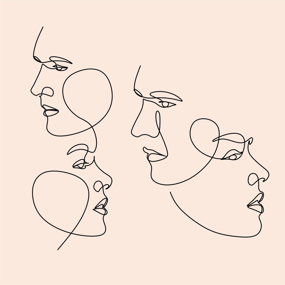 One Line Art Couple, Line Art Men and woman, Minimal Face Vector.  Couple print, Kiss print, Valentines Day Illustration. Love poster. 2 faces. We are one line. vector