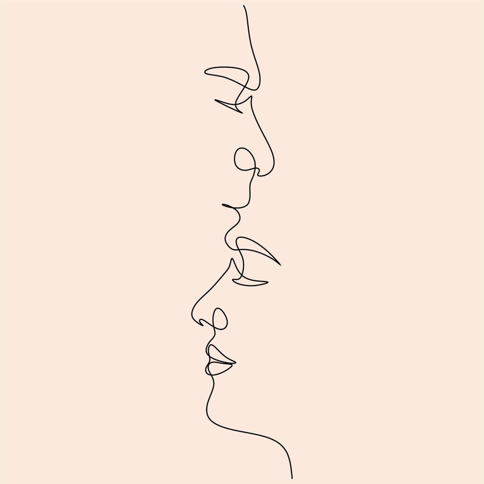 One Line Art Couple, Line Art Men and woman, Minimal Face Vector.  Couple print, Kiss print, Valentines Day Illustration. Love poster. 2 faces. We are one line. vector