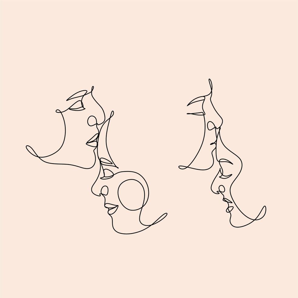 One Line Art Couple, Line Art Men and woman, Minimal Face Vector.  Couple print, Kiss print, Valentines Day Illustration. Love poster. 2 faces. We are one line. vector