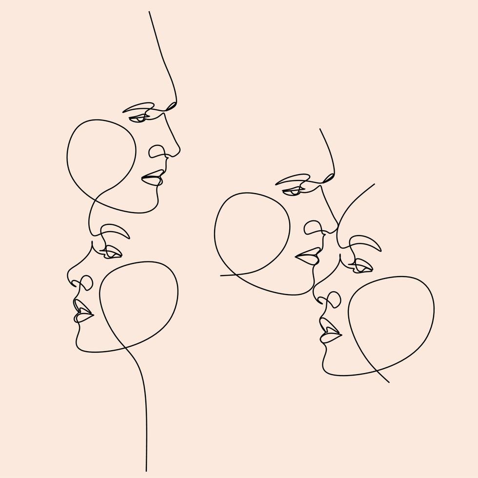 One Line Art Couple, Line Art Men and woman, Minimal Face Vector.  Couple print, Kiss print, Valentines Day Illustration. Love poster. 2 faces. We are one line. vector