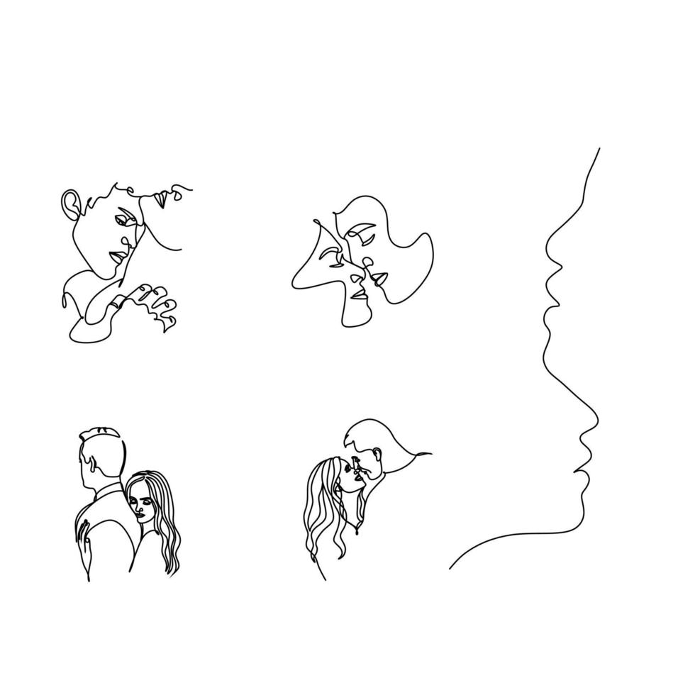One Line Art Couple, Line Art Men and woman, Minimal Face Vector.  Couple print, Kiss print, Valentines Day Illustration. Love poster. 2 faces. We are one line. vector