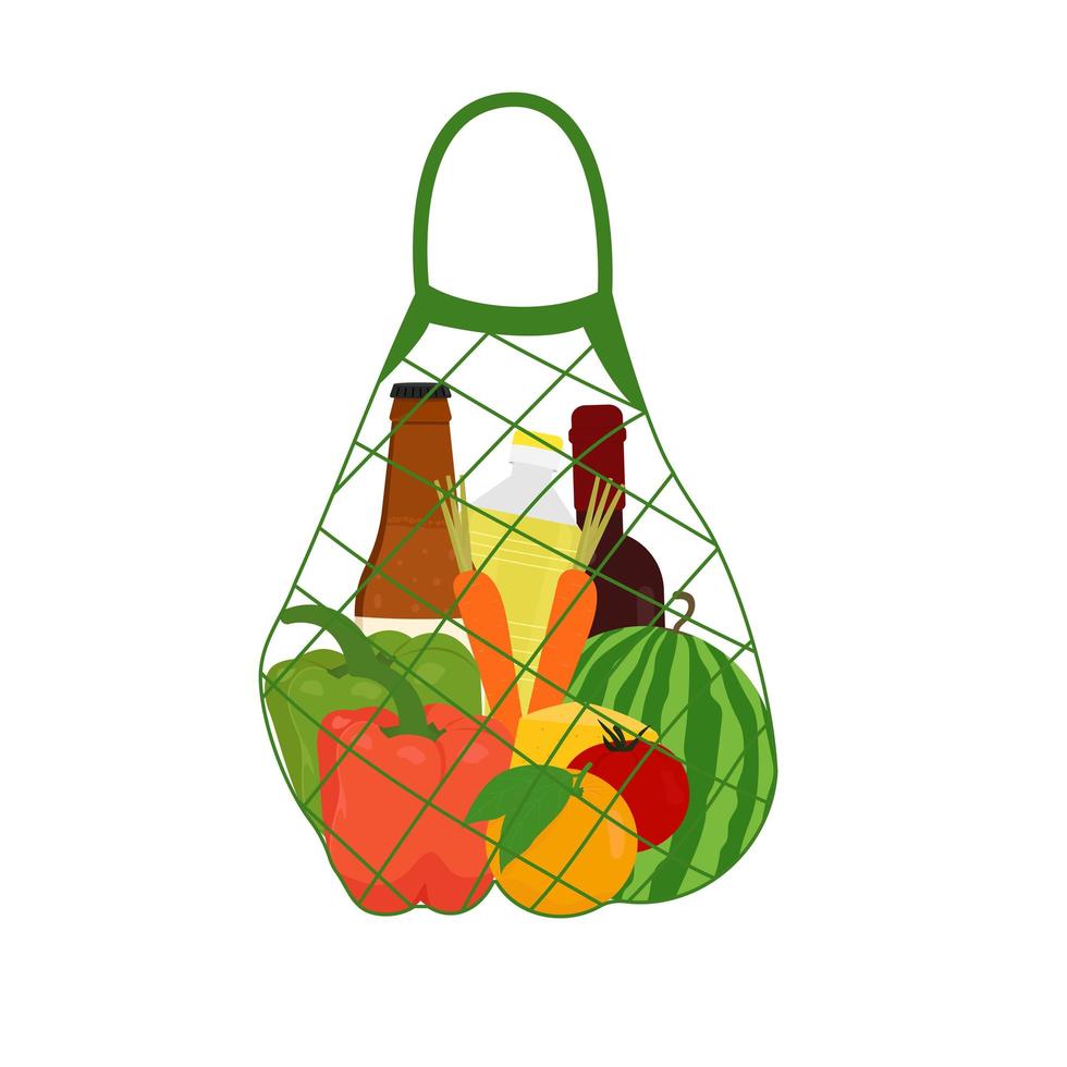 bolsa de compras con comestibles. bolsa ecológica. ilustración vectorial plana vector