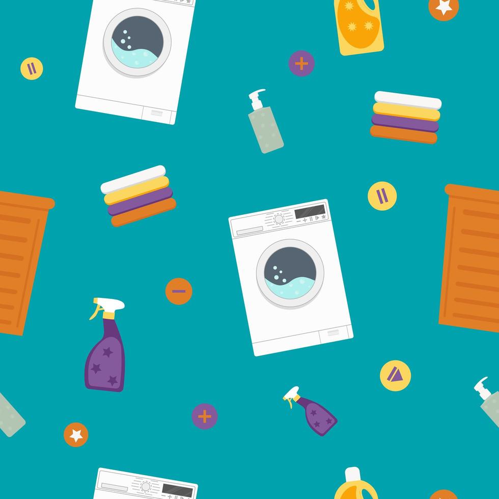 Seamless pattern. Washing machine, laundry basket, towels, detergents, washing powder, soap vector