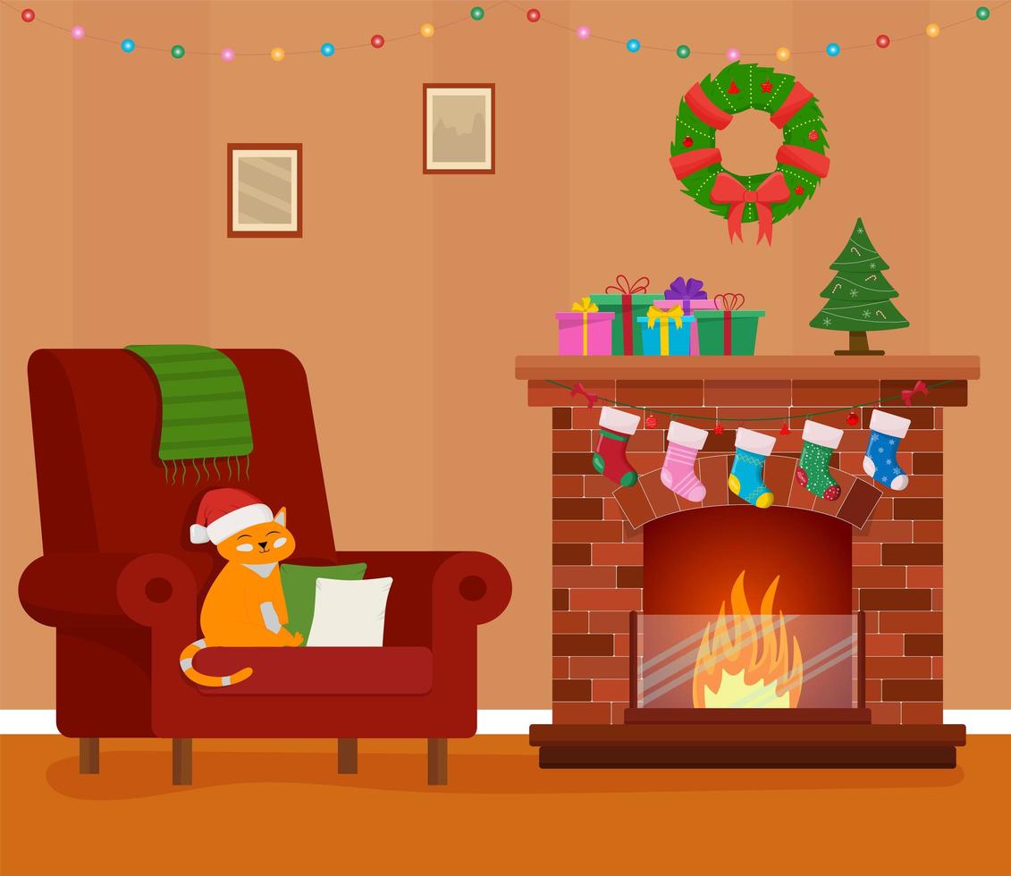 Christmas room interior. Christmas tree, gift, fireplace and decoration vector
