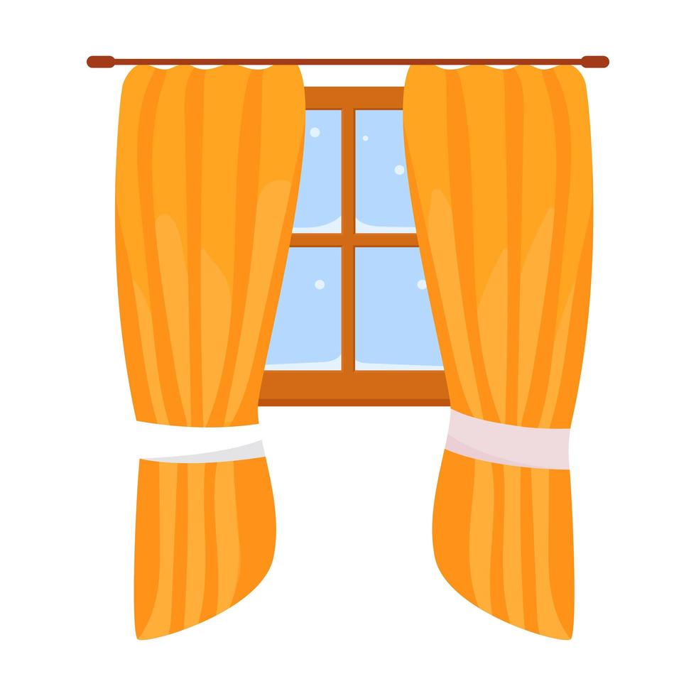 Window with yellow curtains. Flat vector illustration