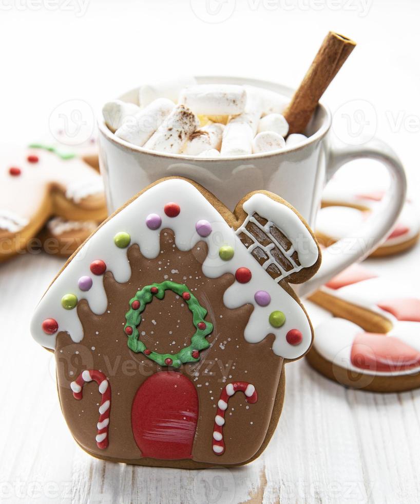 Homemade hot chocolate mug and gingerbread cookie photo