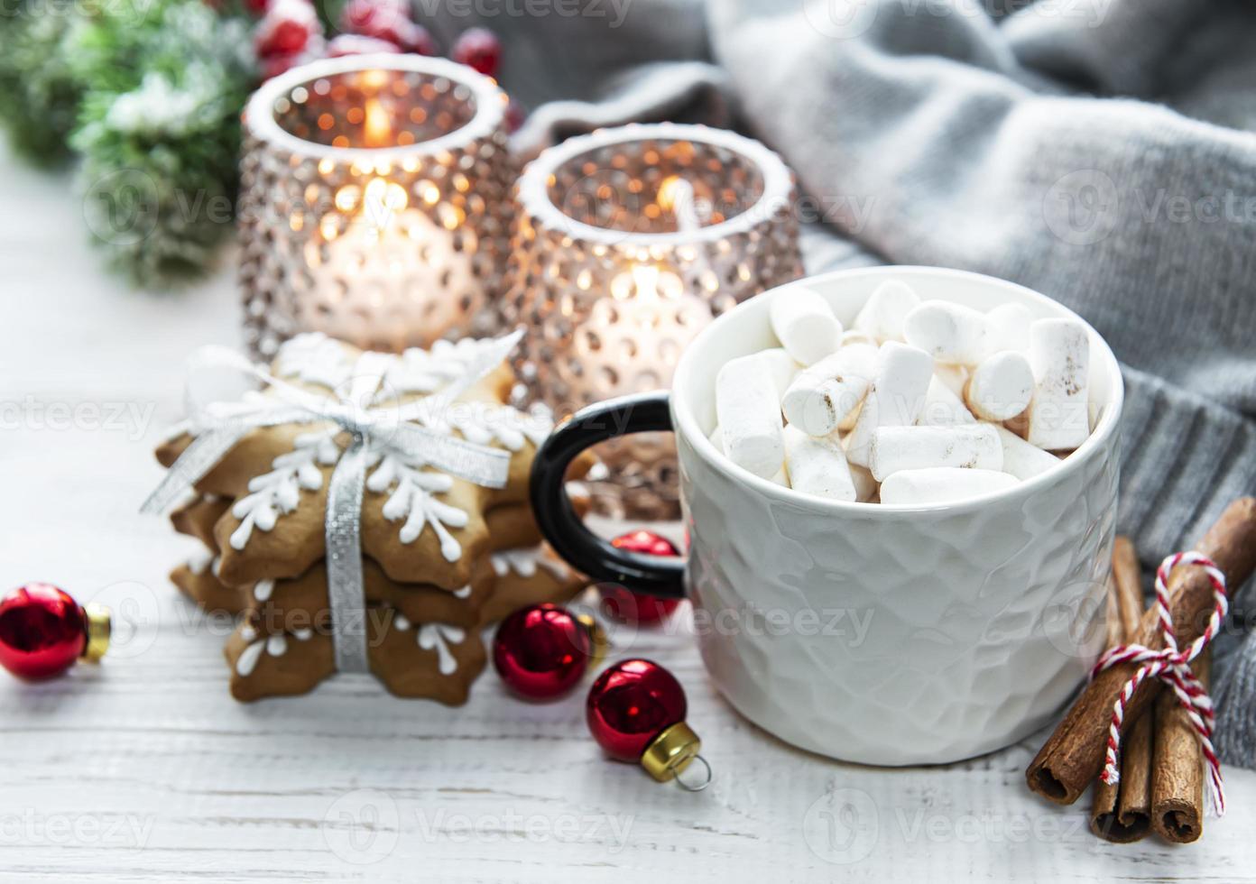 Christmas decorations,  cocoa and gingerbread cookies. photo