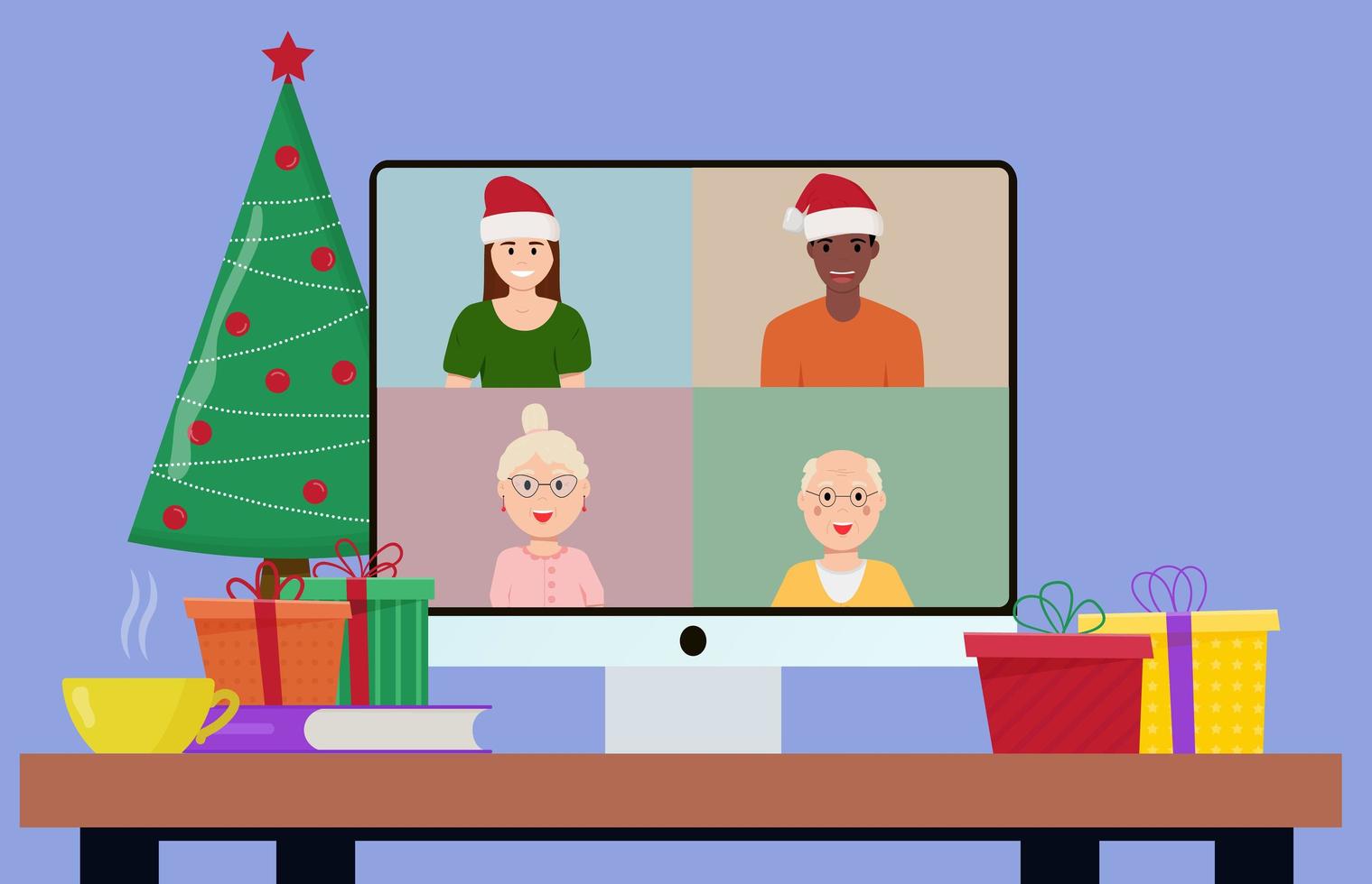 Christmas and New Year online celebration. Party online, video call. Flat vector illustration.