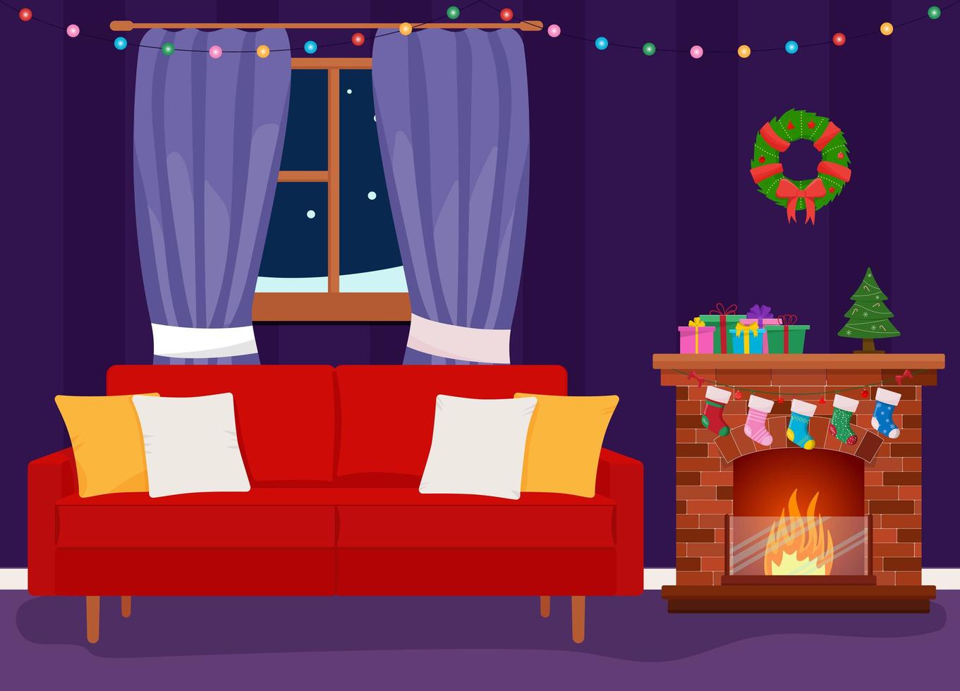 interior de la sala de navidad. árbol de navidad, regalo, chimenea y decoración. vector