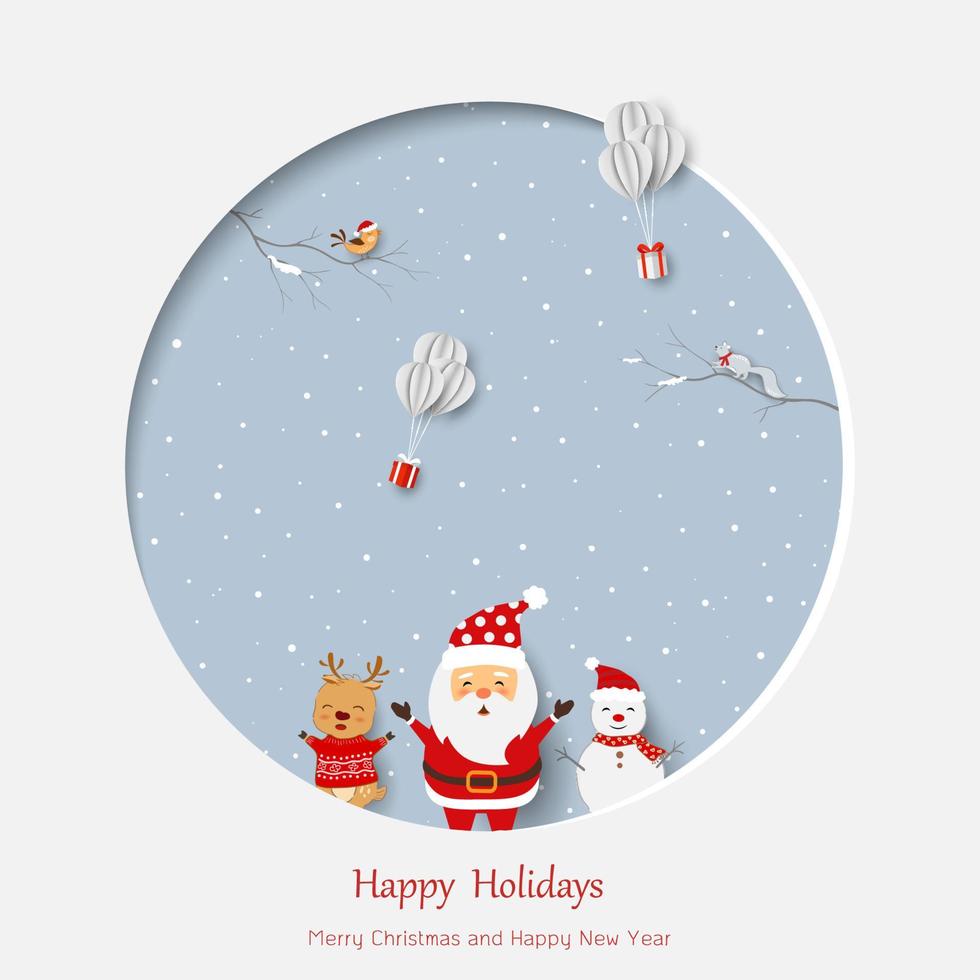 Merry Christmas and Happy New Year greeting card with winter landscape on paper art background vector