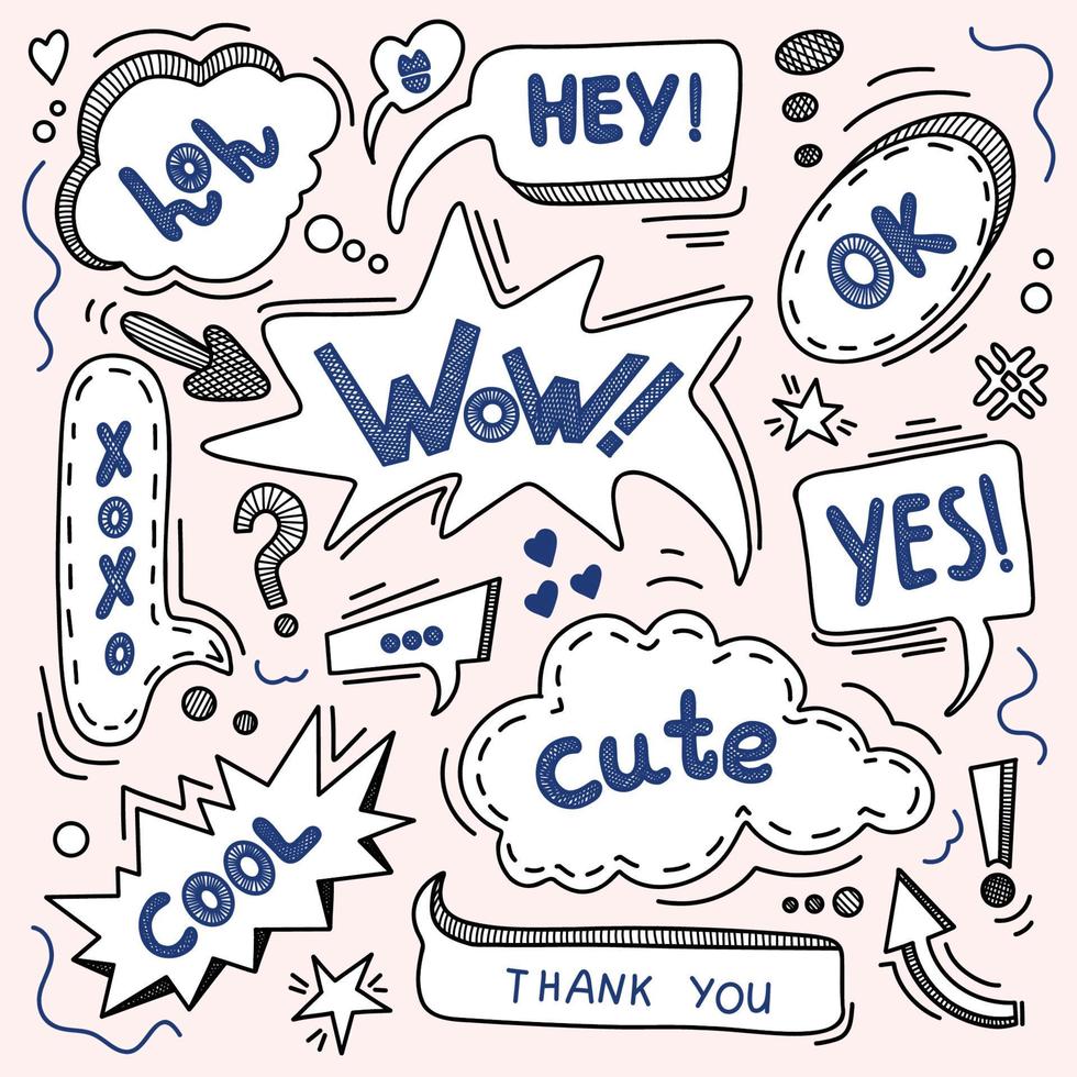 Speech bubbles with hand lettering phrases like, cute, wow, ok, hey, lol, xoxo. Vector pencil drawing collections of speech bubbles