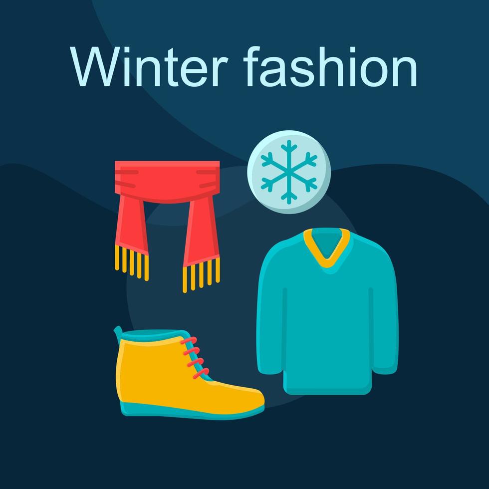 Winter fashion flat concept vector icon. Shopping idea cartoon color illustrations set. Warm outfit. Clothing store. Menswear. Knitted sweater, scarf, boot. Isolated graphic design element