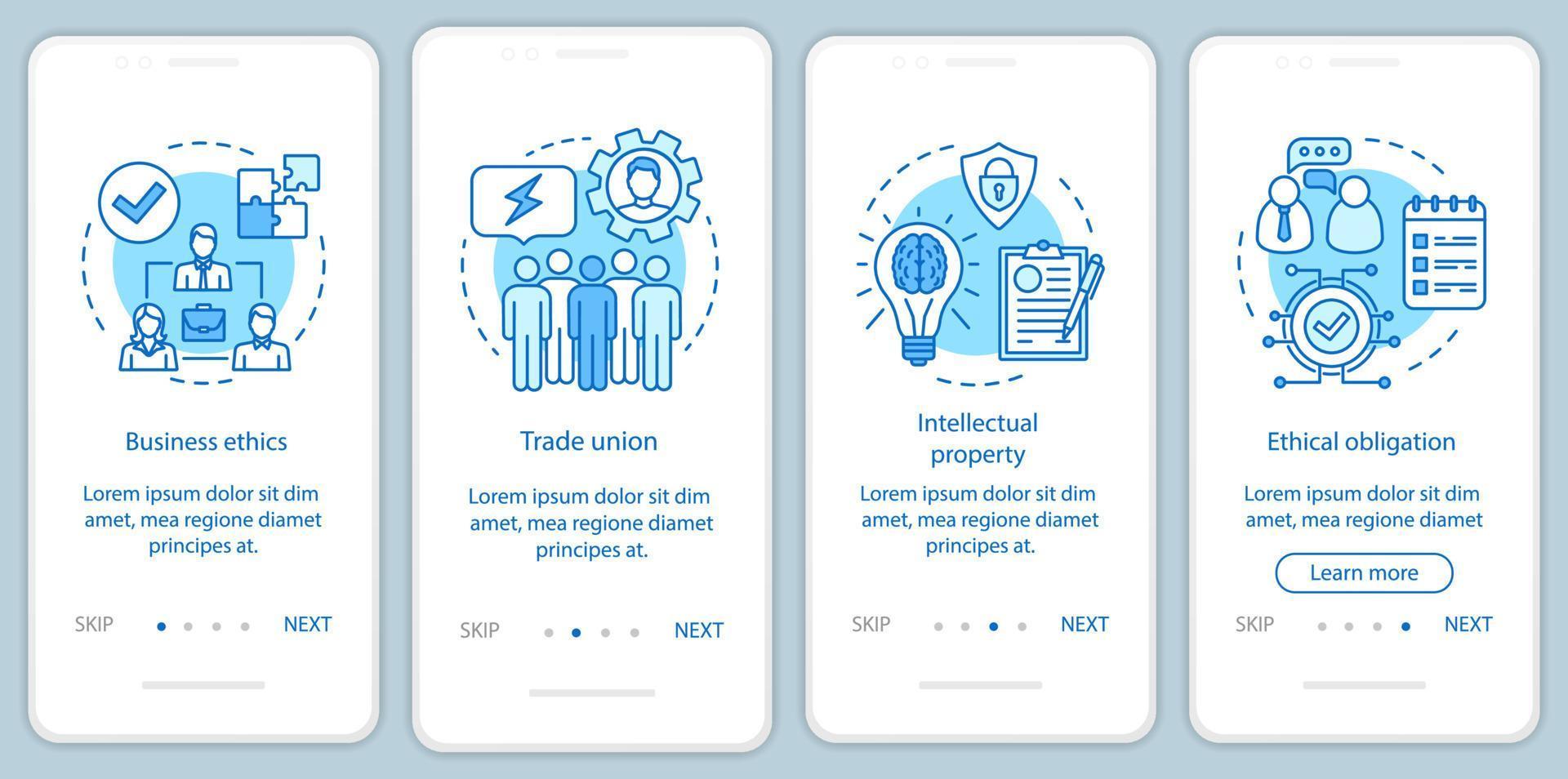 Business ethics onboarding mobile app page screen vector template. Trade union, intellectual property. Walkthrough website steps with linear illustrations. UX, UI, GUI smartphone interface concept