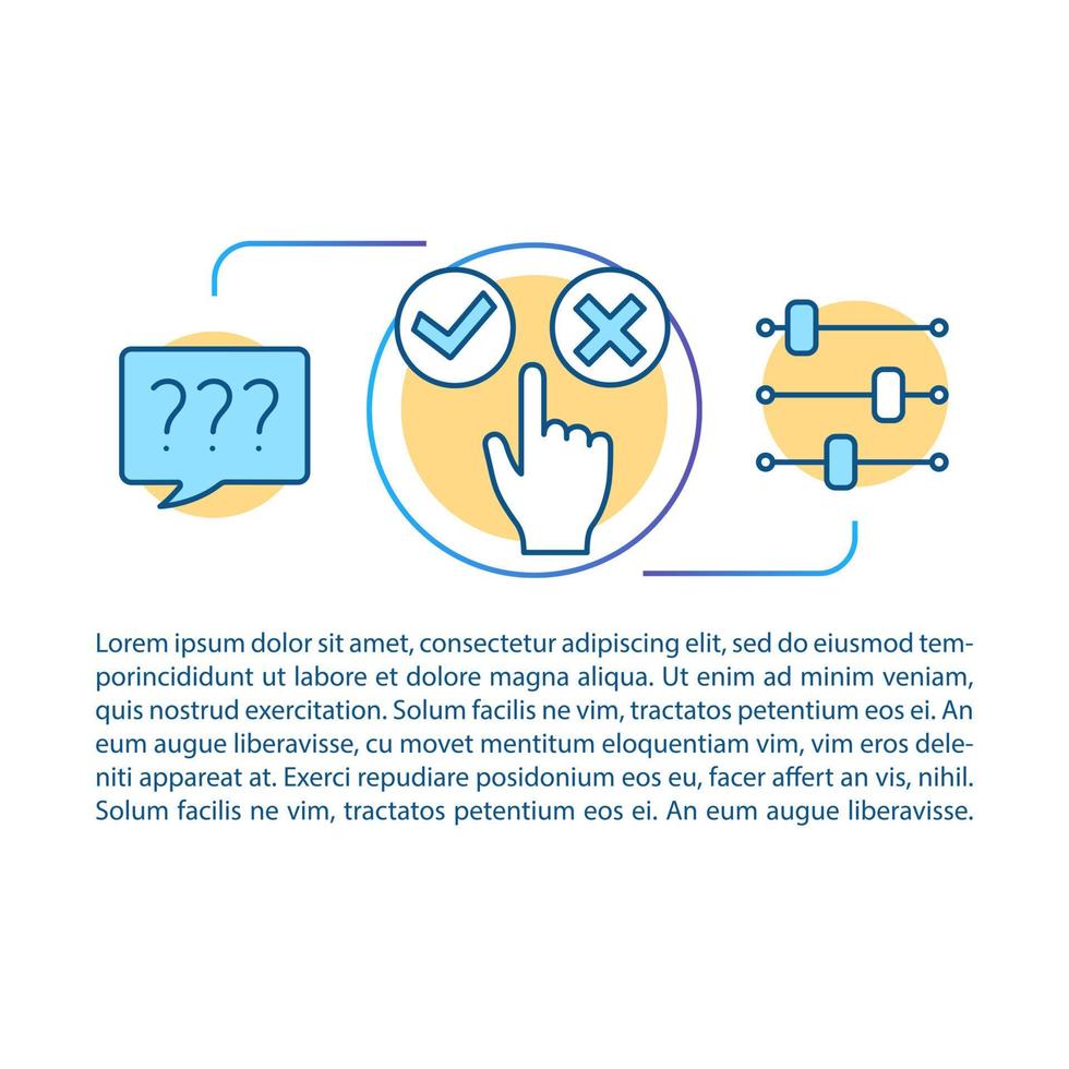 Ethical dilemma article page vector template. Moral choice, decision. Brochure, magazine, booklet design element with linear icons and text boxes. Print design. Concept illustrations with text space