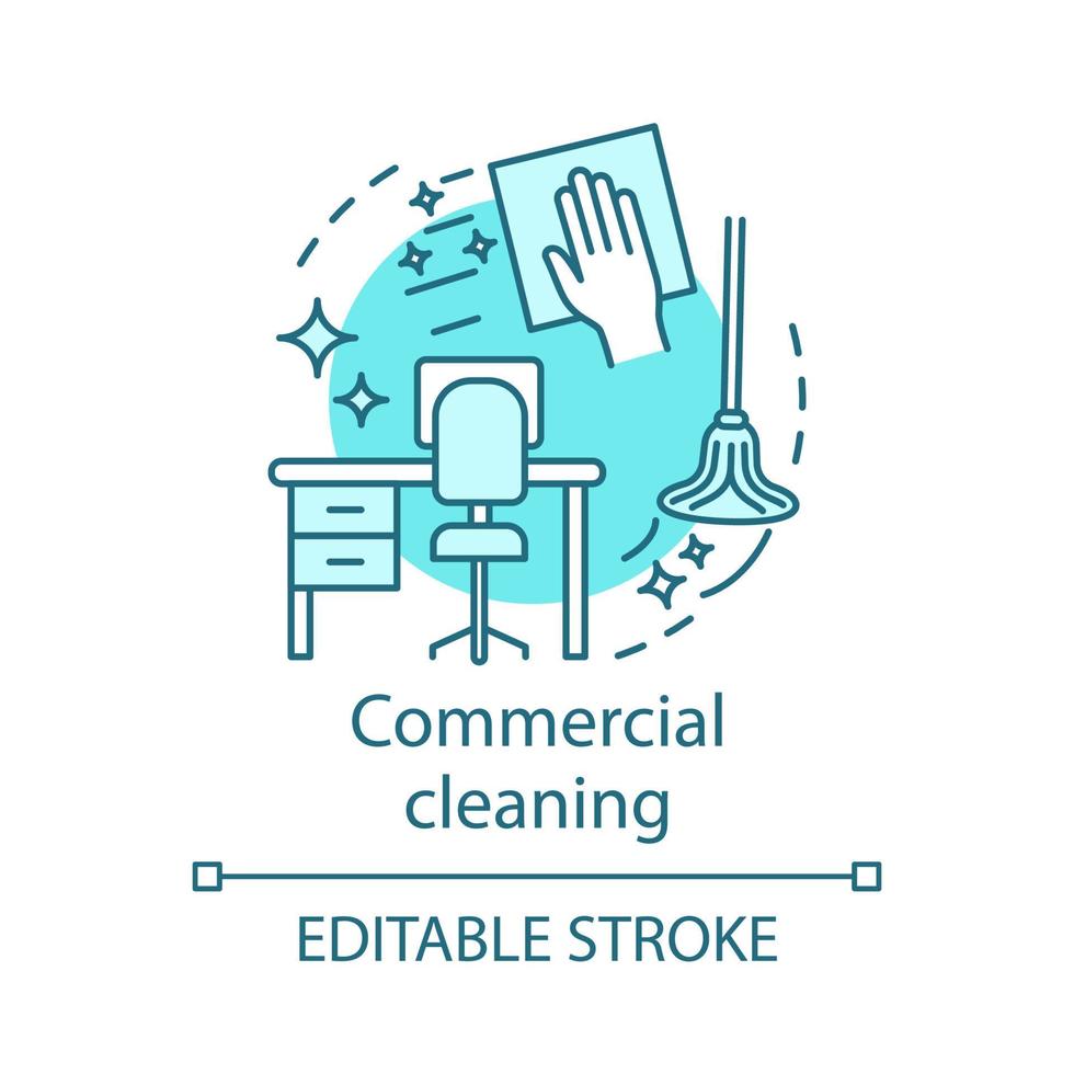 Commercial cleaning concept icon. Cleaning services idea thin line illustration. Dirt removal. Mopping, sweeping, wiping. Office cleanup. Vector isolated outline drawing. Editable stroke
