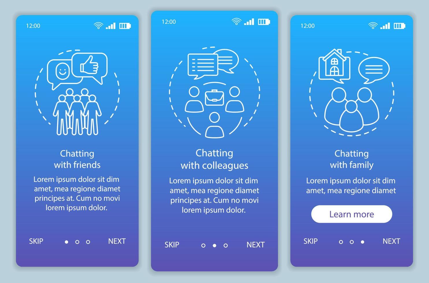 Chatting people onboarding mobile app page screen vector template. Services for online communication. Walkthrough website steps with linear illustrations. UX, UI, GUI smartphone interface concept