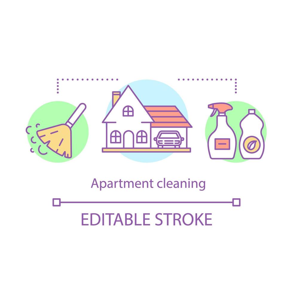 Apartment cleaning concept icon. Cleaning services idea thin line illustration. Mopping, sweeping. Yard cleanup. Housekeeping. Maid service. Vector isolated outline drawing. Editable stroke