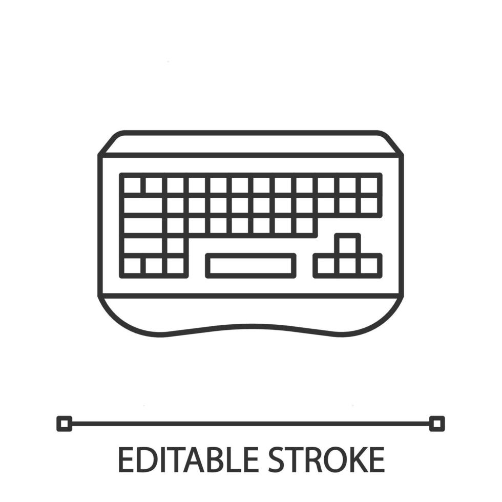 Gaming keyboard linear icon. Esports equipment. Ergonomic computer device for gamer. Thin line illustration. Contour symbol. Vector isolated outline drawing. Editable stroke