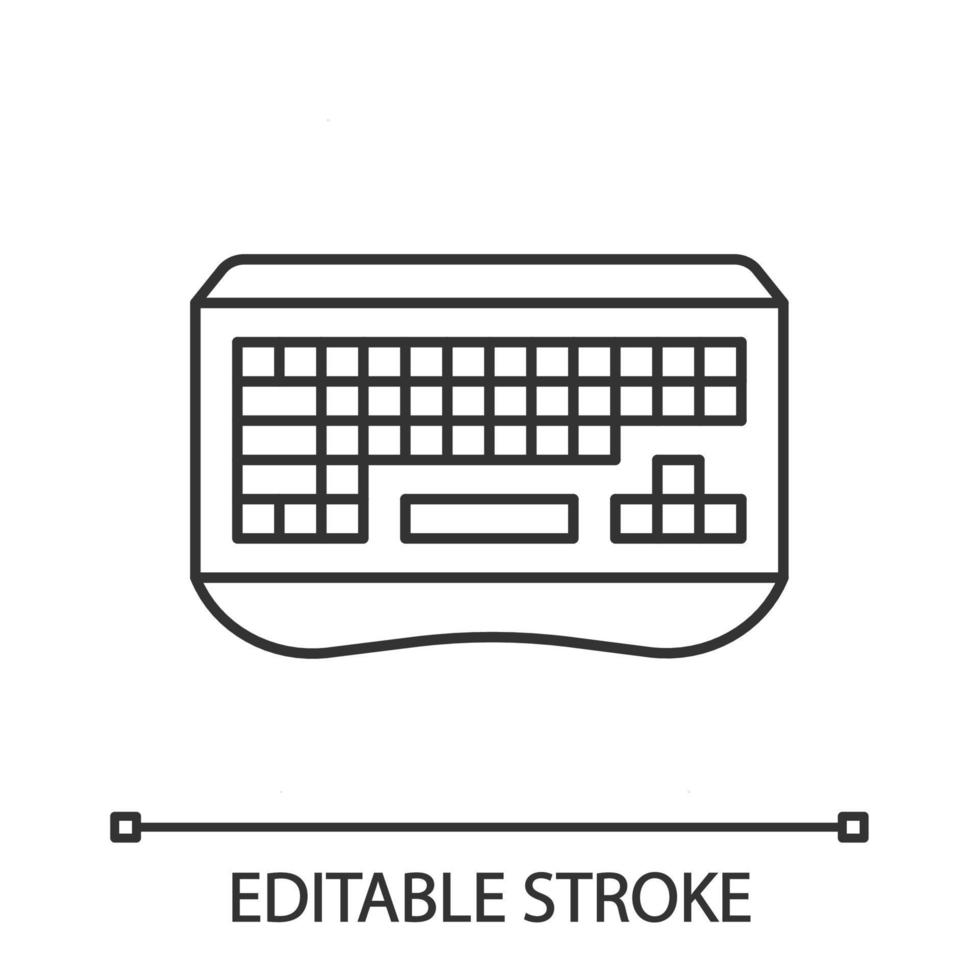 icono lineal de teclado de juego. equipo de esports. Dispositivo informático ergonómico para jugador. Ilustración de línea fina. símbolo de contorno. dibujo de contorno aislado vectorial. trazo editable vector