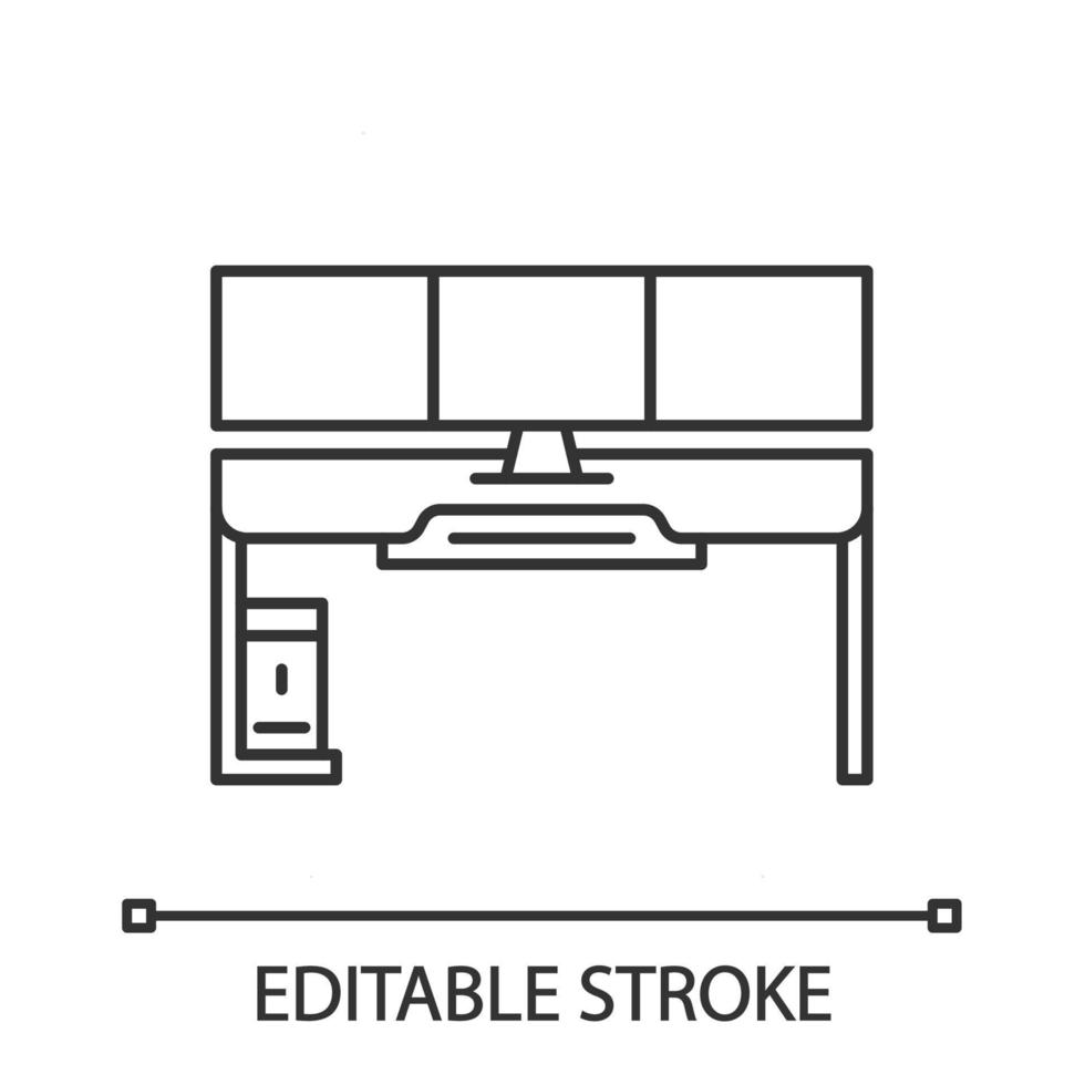 icono lineal de escritorio de juegos. entorno de esports. Mobiliario ergonómico para el juego. mesa de ordenador de jugador. Ilustración de línea fina. símbolo de contorno. dibujo de contorno aislado vectorial. trazo editable vector