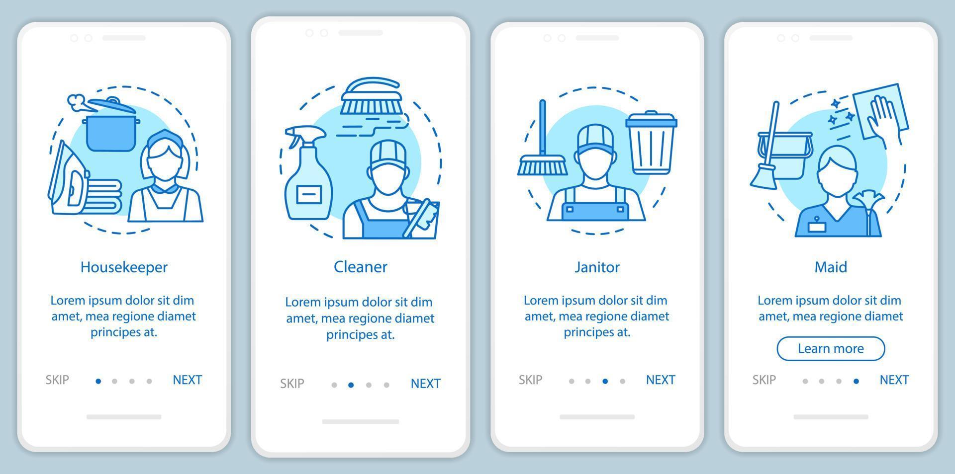 Cleaning agency staff onboarding mobile app page screen, linear concepts. Housekeeper, maid. Four walkthrough steps graphic instruction. Cleanup company. UX, UI, GUI vector template with illustrations