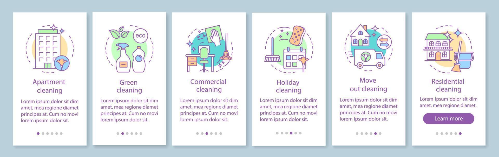 Cleaning services onboarding mobile app page screen, linear concepts. Commercial, holiday, move out cleanup. Six walkthrough steps graphic instructions. UX, UI, GUI vector template with illustrations