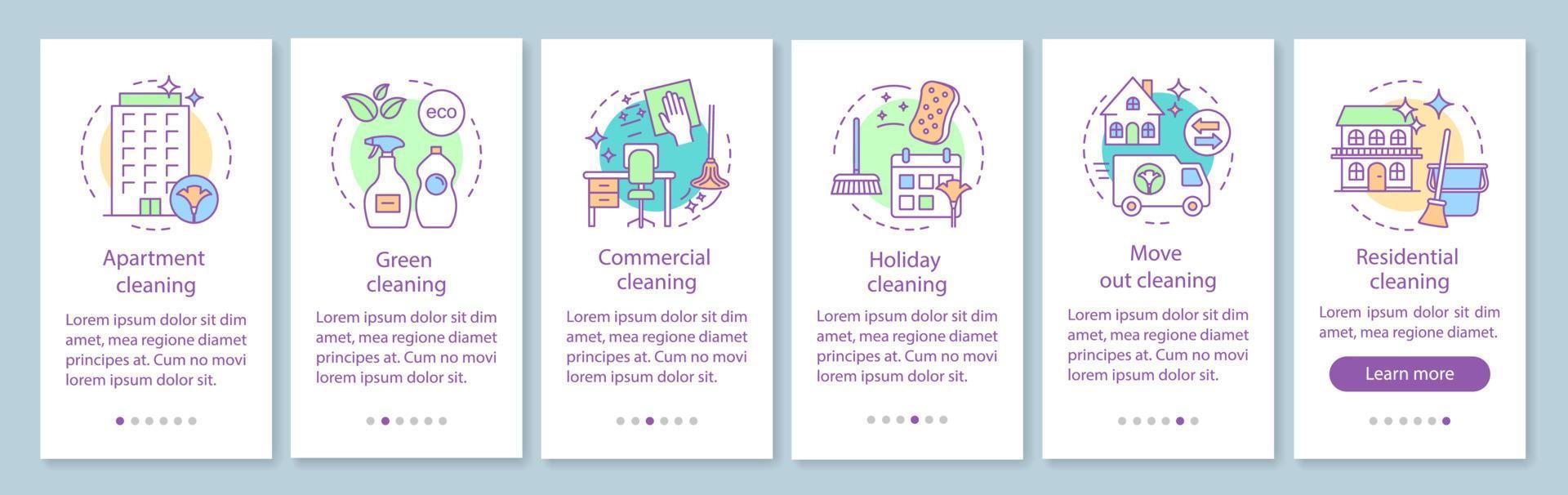 Servicios de limpieza incorporando la pantalla de la página de la aplicación móvil, conceptos lineales. comercial, feriado, mudanza limpieza. instrucciones gráficas de seis pasos de tutorial. ux, ui, plantilla de vector de interfaz gráfica de usuario con ilustraciones