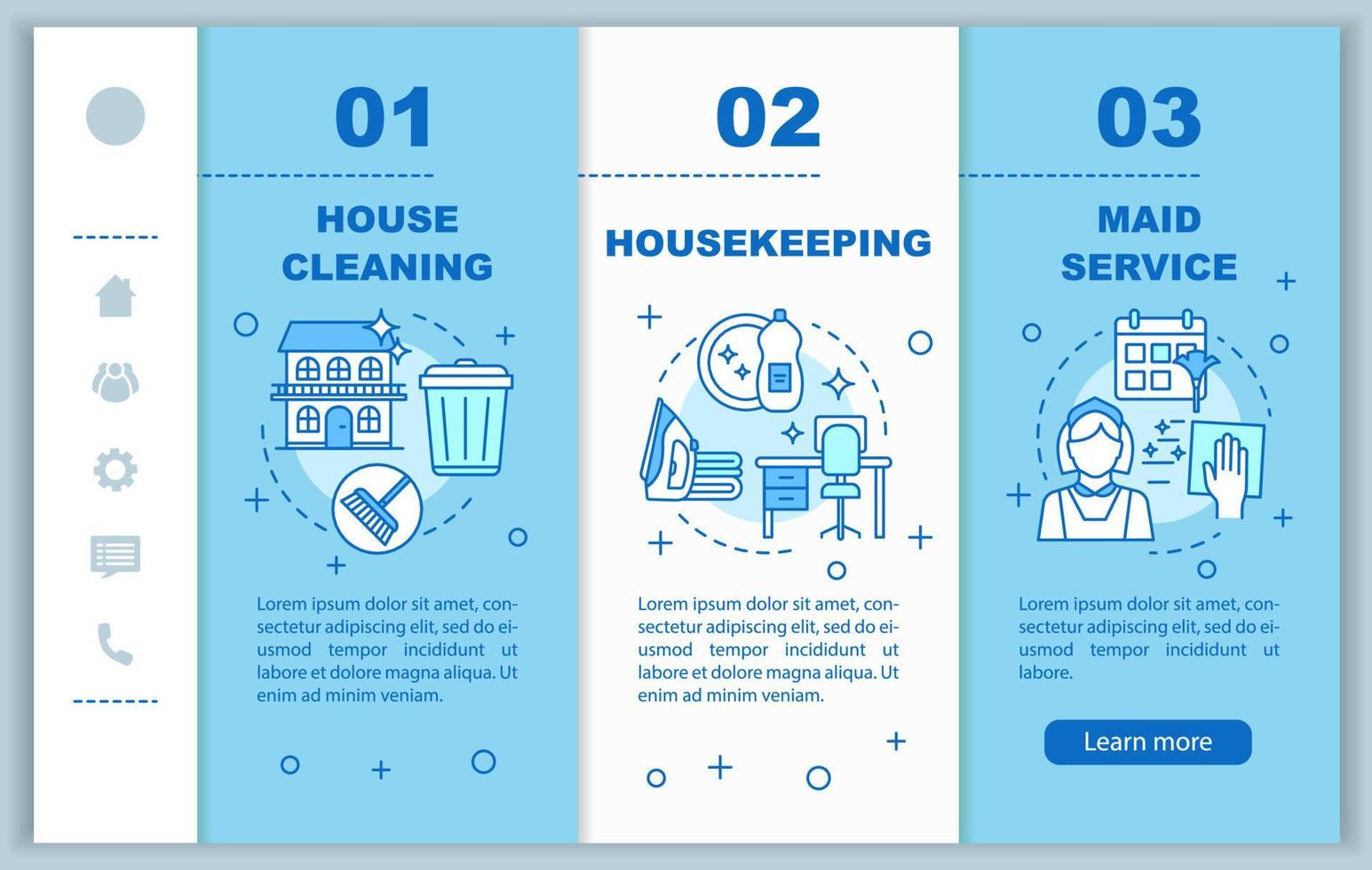House service onboarding mobile web pages vector template. Housekeeping. Maid service. Responsive smartphone web interface idea, linear illustration. Webpage walkthrough step screen. Color concept