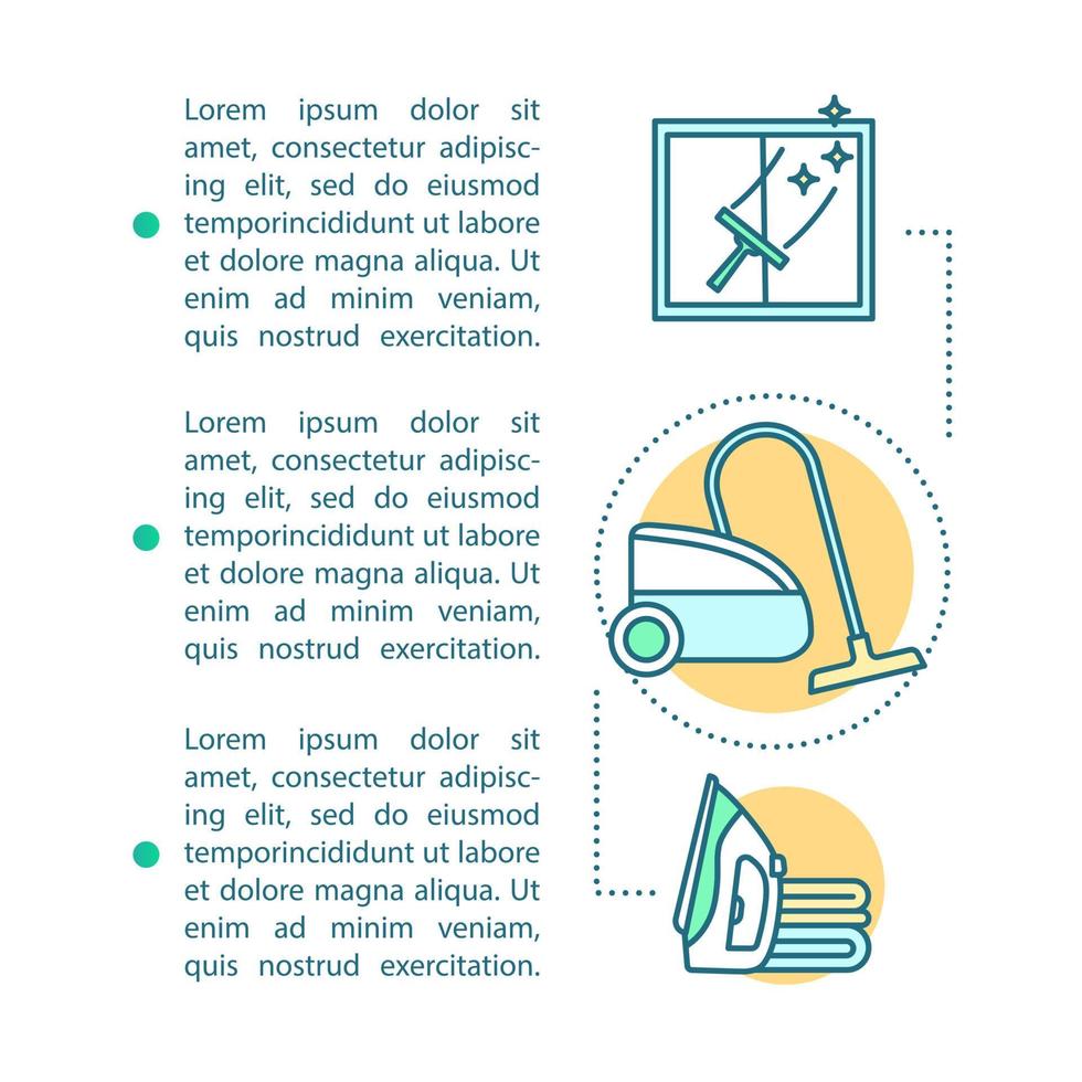 Home maintenance article page vector template. Vacuuming and ironing. Brochure, magazine, booklet design element with linear icons and text boxes. Print design. Concept illustrations with text space