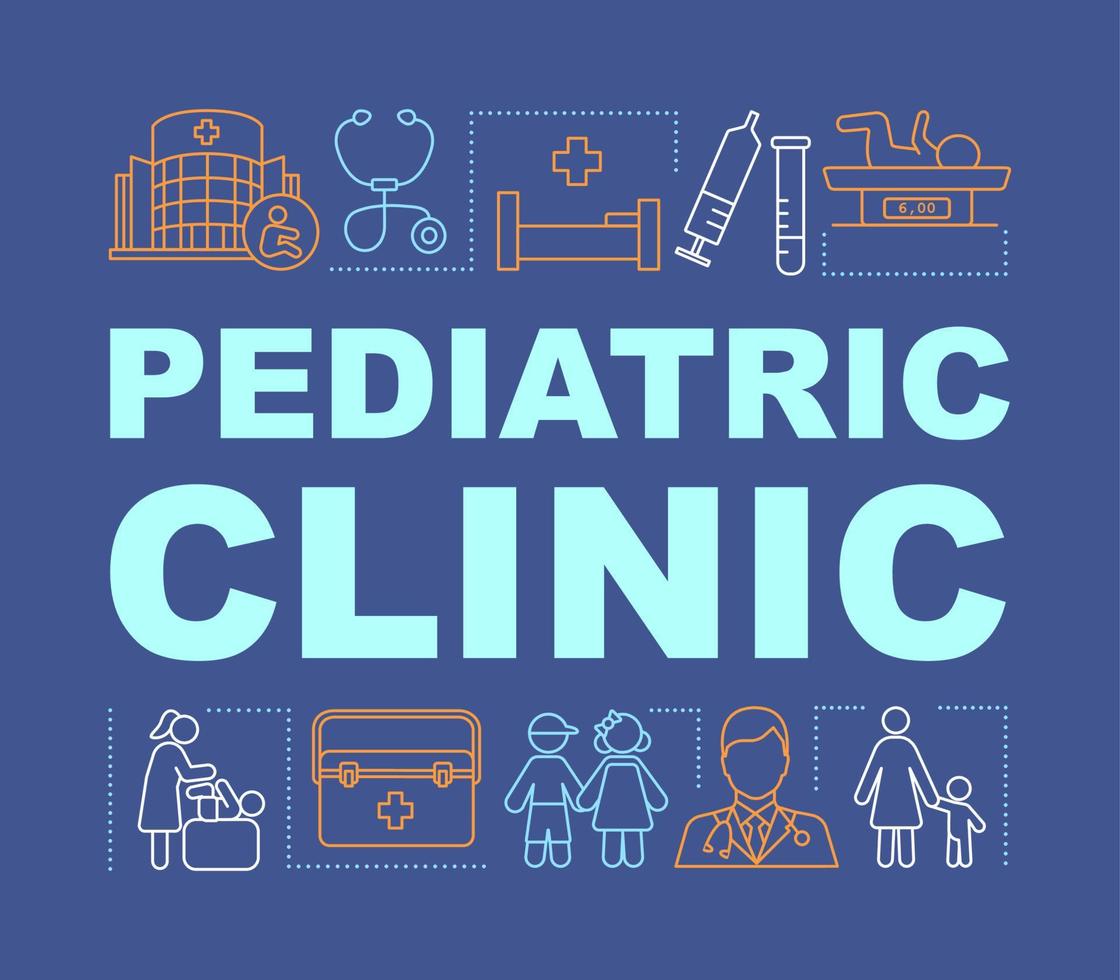 Pediatric clinic word concepts banner. Ambulance, hospital, vaccination, treatment, checkup. Presentation, website. Isolated lettering typography idea with linear icons. Vector outline illustration