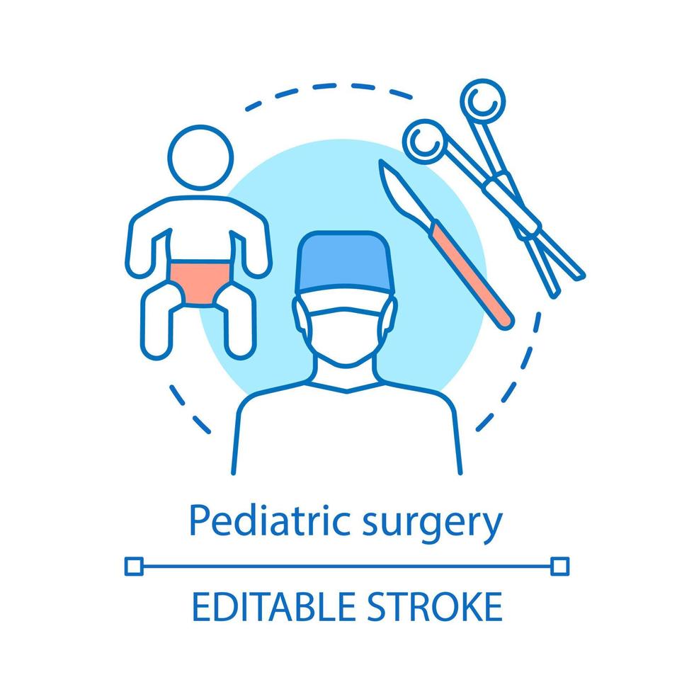 Pediatric surgery concept icon. Kids friendly doctor. Surgery assistance. Surgical devices. Children health care service idea thin line illustration. Vector isolated outline drawing. Editable stroke