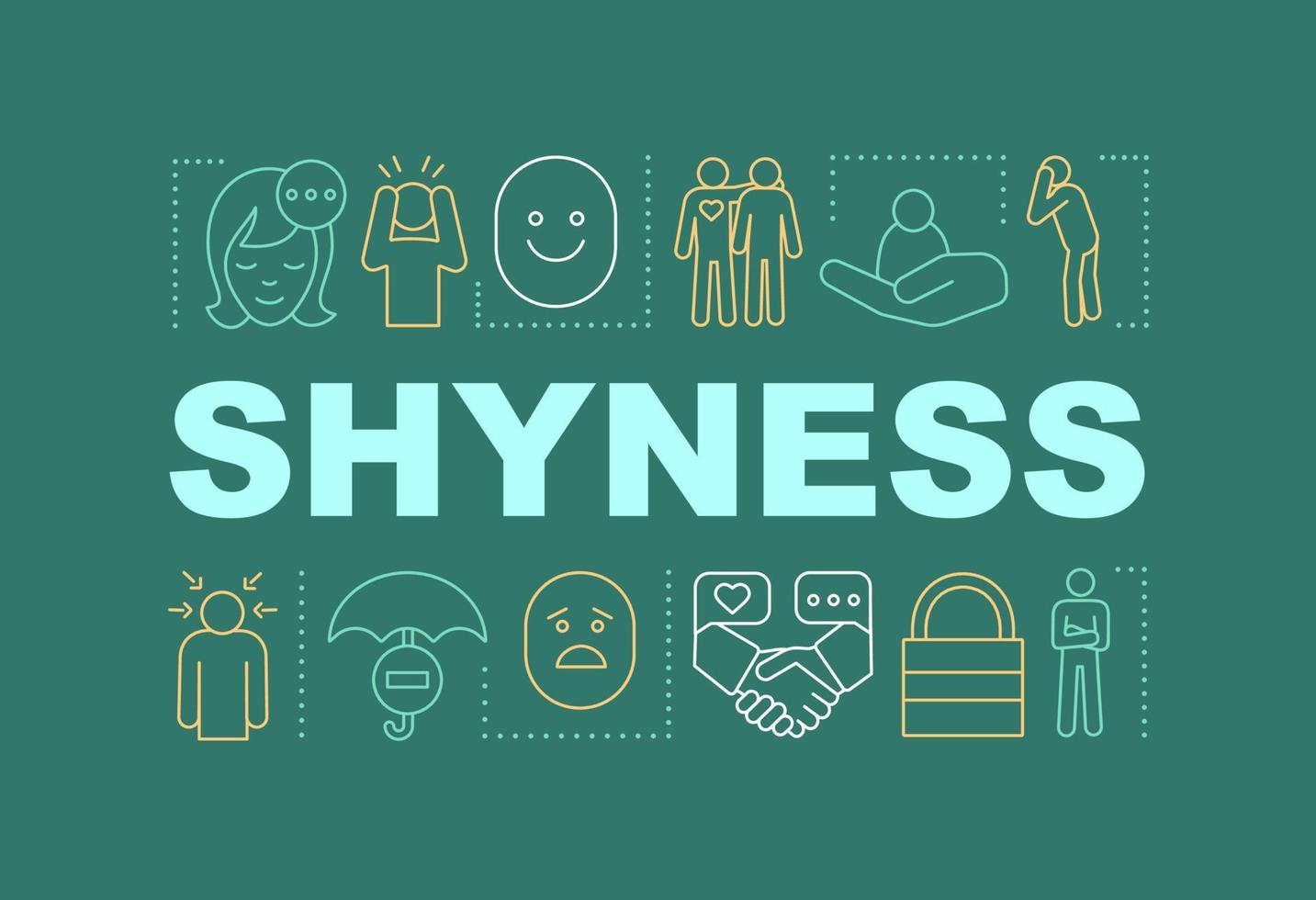 Shyness word concepts banner. Bashfulness, awkward. Lack of confidence. Presentation, website. Isolated lettering typography idea, linear icons. Panic, depression. Vector outline illustration