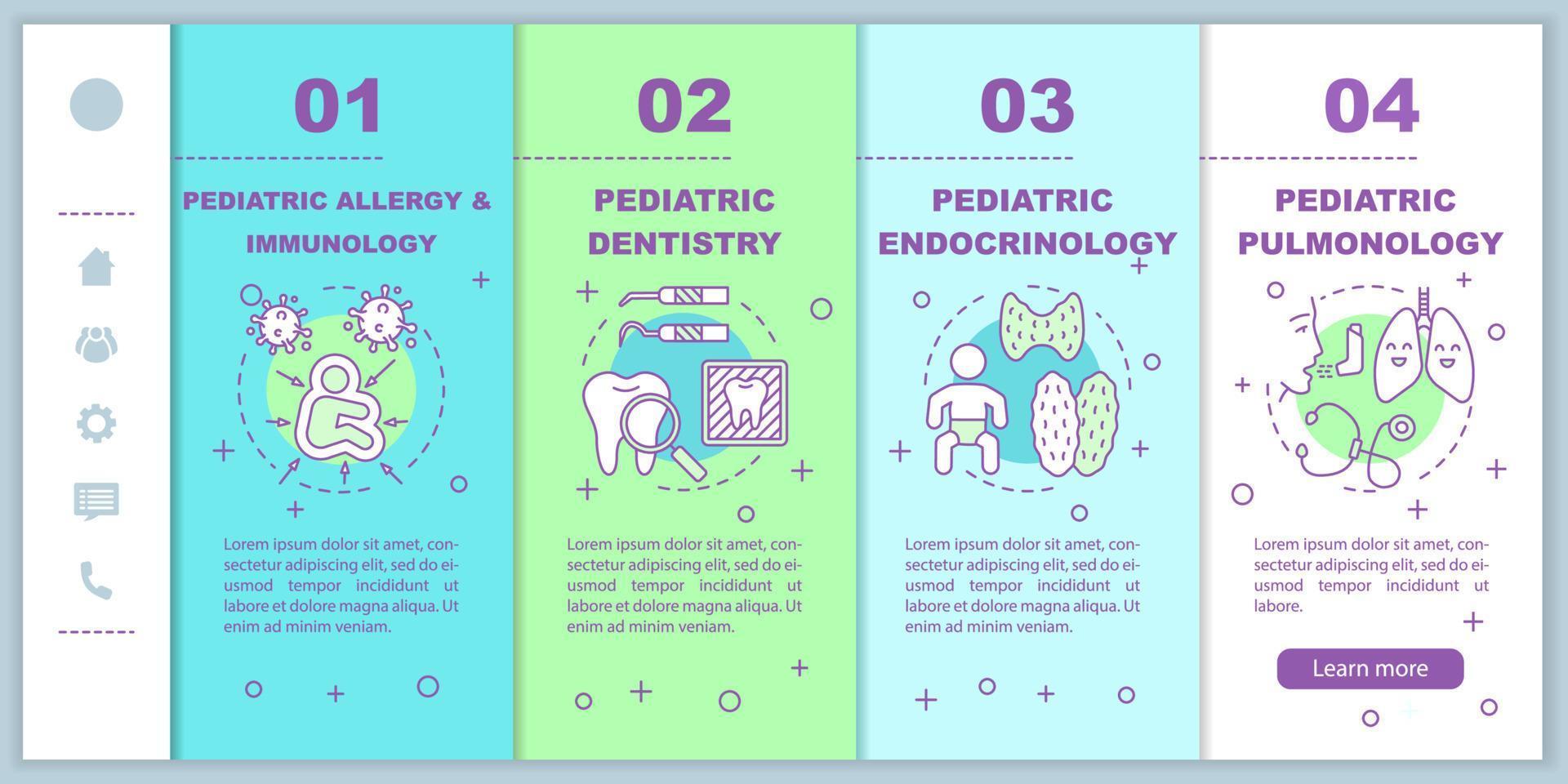 plantilla de vector de páginas web móviles de incorporación de pediatría. inmunología, odontología. idea de interfaz de sitio web de teléfono inteligente sensible con ilustraciones lineales. pantallas de pasos del tutorial de la página web. concepto de color