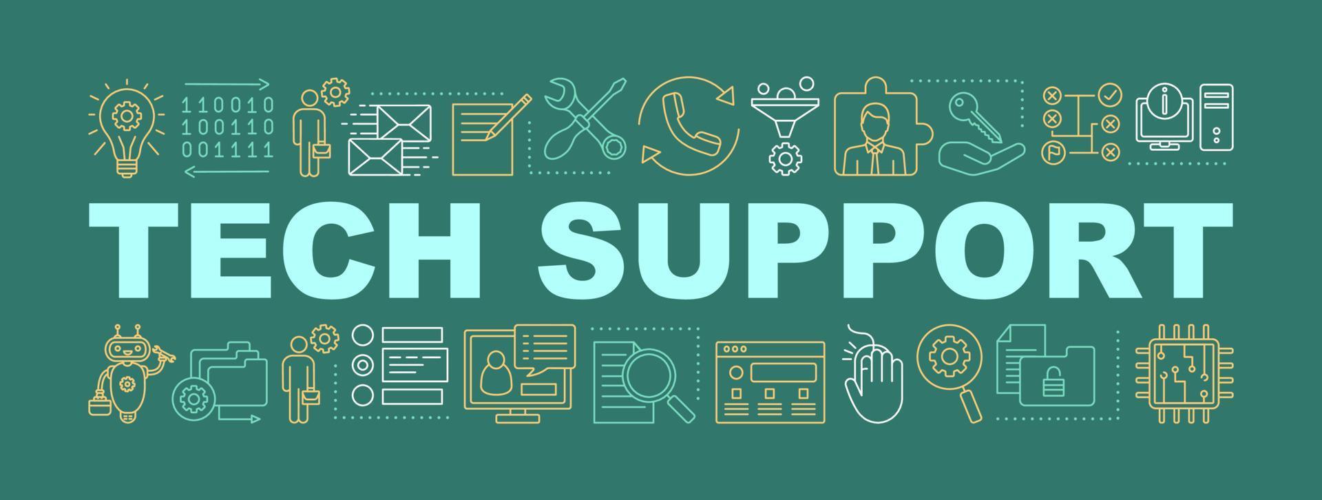 Tech support word concepts banner. Customer service. Technical support, free chatbot, problem fixing. Isolated lettering typography idea with linear icons. Vector outline illustration